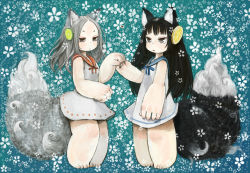 Rule 34 | 2girls, animal ears, bare arms, barefoot, black hair, blue background, blue ribbon, blue sailor collar, commentary request, dress, ebimomo, floral background, food, forehead, fox ears, fox tail, from side, fruit, grey eyes, grey hair, hair ornament, holding hands, large tail, lemon, lemon slice, lime (fruit), lime slice, looking at viewer, looking to the side, multiple girls, neck ribbon, original, parted bangs, parted lips, red ribbon, red sailor collar, ribbon, sailor collar, sailor dress, standing, tail