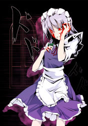 Rule 34 | 1girl, blood, blood on face, braid, female focus, hairband, izayoi sakuya, maid, painfultree, red eyes, ribbon, short hair, silver hair, solo, touhou, twin braids