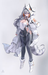 Rule 34 | 1girl, arms at sides, black bodysuit, bodysuit, breast curtain, breasts, charles (106858), check copyright, cleavage, cleavage cutout, clothing cutout, copyright request, dragon tail, full body, gradient hair, grey background, grey hair, highres, hood, hood up, hooded jacket, horns, jacket, large breasts, long hair, long sleeves, multicolored hair, open clothes, open jacket, orange hair, original, puffy long sleeves, puffy sleeves, purple eyes, simple background, solo, standing, streaked hair, tachi-e, tail, waist cutout, white footwear, white jacket