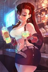 Rule 34 | 1girl, absurdres, alcohol, bare shoulders, blush, bottle, breasts, brown hair, cleavage, curvy, drunk, final fantasy, final fantasy vii, gloves, highres, large breasts, long hair, midriff, nail polish, navel, open mouth, red eyes, rtil, seventh heaven, smile, solo, standing, thick thighs, thighs, tifa lockhart, tongue, wide hips
