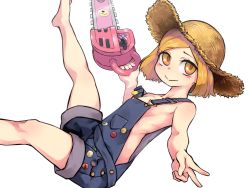 Rule 34 | 1girl, barefoot, blonde hair, chainsaw, falling, fate/grand order, fate (series), from side, hat, highres, looking at viewer, naked overalls, overalls, paul bunyan (fate), paul bunyan (third ascension) (fate), short hair, smile, solo, straw hat, v, white background, yellow eyes, zuka (nuhhh )