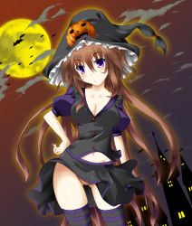 Rule 34 | 1girl, bad id, bad pixiv id, bat (animal), blush, breasts, brown hair, cleavage, food-themed hair ornament, full moon, fuyuno taka, hair ornament, halloween, hand on own hip, hat, hip focus, jack-o&#039;-lantern, large breasts, long hair, midriff, moon, navel, original, panties, pumpkin, pumpkin hair ornament, purple eyes, solo, striped clothes, striped thighhighs, thighhighs, underwear, wind, wind lift, witch hat, yellow moon