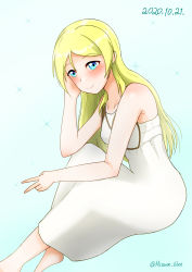Rule 34 | 1girl, absurdres, artist request, ayase eli, bare shoulders, blonde hair, blue eyes, blush, breasts, collarbone, dress, feet, female focus, hair between eyes, hair over shoulder, highres, long hair, looking at viewer, love live!, love live! school idol festival, love live! school idol project, mizunoe illust, parted lips, skirt, small breasts, smile, solo, sundress, white dress, white skirt