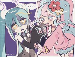 Rule 34 | ..., 2girls, :d, annoyed, artist name, averting eyes, black sleeves, blue eyes, blue hair, blue skirt, blush, border, choker, colored eyelashes, commentary, creatures (company), curly hair, detached sleeves, fairy miku (project voltage), flower, frown, game freak, ghost miku (project voltage), grey shirt, hair between eyes, hair flower, hair ornament, hatsune miku, heart, heart choker, highres, long hair, long sleeves, mayoi zzz, miniskirt, multicolored hair, multiple girls, nail polish, neckerchief, necktie, nintendo, open mouth, outstretched arms, pale skin, pink choker, pink hair, pink nails, pink sweater, plaid, plaid skirt, pokemon, print sleeves, project voltage, pushing away, red flower, scrunchie, shaded face, shirt, sidelocks, skirt, sleeveless, sleeveless shirt, sleeves past fingers, sleeves past wrists, smile, spoken ellipsis, sweater, symbol-only commentary, twintails, two-tone hair, very long hair, vocaloid, white neckerchief, white necktie, wrist scrunchie, yellow eyes, yellow flower, yellow scrunchie