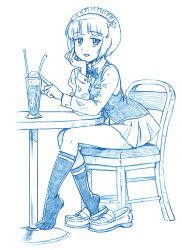 Rule 34 | 10s, 1girl, bbb (friskuser), blue theme, blunt bangs, bow, bowtie, chair, commentary request, cutlass (girls und panzer), drinking straw, elbow rest, girls und panzer, glass, hair bow, loafers, long sleeves, maid headdress, monochrome, open mouth, pleated skirt, shirt, shoe dangle, shoes, unworn shoes, short hair, sitting, skirt, smile, socks, solo, spoon, table, vest, white background