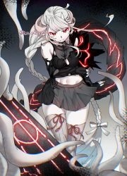 Rule 34 | 1girl, abyssal ship, black gloves, braid, breasts, closed mouth, colored skin, detached sleeves, fingerless gloves, gloves, grey skirt, horns, kantai collection, long hair, mochitsuki (mo chooon), pale skin, red eyes, ribbon, simple background, skirt, solo, tentacles, thighhighs, twitter username, very long hair, white hair, white ribbon, white skin, yokohama wharf princess