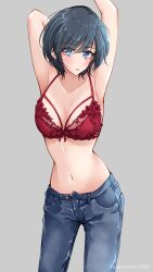 Rule 34 | 1girl, arm behind head, armpits, arms up, bare arms, black hair, blue eyes, blue pants, blush, bow, bow bra, bra, breasts, breasts apart, collarbone, commentary, contrapposto, cowboy shot, denim, dot nose, eyes visible through hair, flower, flower bra, grey background, highres, jeans, kakuremino7928, legs apart, medium breasts, navel, no shirt, open fly, original, pants, parted lips, red bow, red bra, red flower, short hair, simple background, slit pupils, smile, solo, standing, stomach, swept bangs, twitter username, underwear