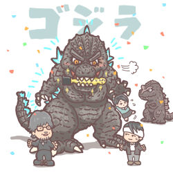 Rule 34 | 1girl, 2024, 4boys, :3, academy awards, award, bow, bowtie, chibi, claws, clenched teeth, closed eyes, company connection, crossed arms, dinosaur, dual persona, glasses, godzilla, godzilla (series), godzilla minus one, gojira, happy, holding, holding trophy, hollywood, kaijuu, legendary pictures, looking at another, looking at viewer, monster, monsterverse, multiple boys, oishi noriko, ok sign, real life, sharp teeth, shikishima koichi, spikes, standing, surprised, teeth, the academy awards, toho, translation request, trophy, utchi, yamazaki takashi (director)