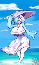 Rule 34 | 1girl, adjusting clothes, adjusting headwear, alternate color, animal ears, bare arms, bare shoulders, blue hair, breasts, cat ears, choker, cleavage, creatures (company), day, dress, game freak, gardevoir, gen 3 pokemon, hair over one eye, hat, heart, highres, joeydrawss, large breasts, looking at viewer, nintendo, ocean, outdoors, partially submerged, pokemon, pokemon (creature), shiny pokemon, short hair, sky, slit pupils, smile, solo, standing, strapless, sun hat, sundress, white dress, yellow eyes