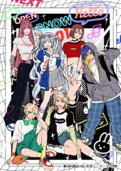 Rule 34 | 2boys, 39, 4girls, ;), ankle socks, arm at side, arm behind back, arm support, arm warmers, arrow (symbol), backpack, bag, baggy pants, baseball cap, beamed eighth notes, belt, bent over, between legs, black choker, black pants, black socks, blonde hair, blue eyes, blue hair, blue jacket, blue nails, blue pants, blunt bangs, bob cut, breasts, brown eyes, brown hair, candy, cellphone, checkered background, checkered shoes, choker, cleavage, cleavage cutout, clothes writing, clothing cutout, colored eyelashes, colorful, contrapposto, copyright notice, crop top, crypton future media, dark blue hair, denim, denim shorts, detached sleeves, dolphin shorts, double vertical stripe, drawstring, earbuds, earphones, earrings, elbow on knee, elbow rest, english text, eyewear on head, fingernails, flat chest, food, foot up, full body, green overalls, grey jacket, grey skirt, grid background, grin, hair between eyes, hair over shoulder, halftone, halftone background, hand between legs, hand on own head, hand to own mouth, hand up, hat, hatsune miku, head tilt, headphones, headphones around neck, heart, heart-shaped eyewear, high ponytail, highres, holding, holding candy, holding food, holding lollipop, holding phone, hood, hood up, hooded jacket, hoop earrings, jacket, jewelry, kagamine len, kagamine rin, kaito (vocaloid), knee up, kneehighs, knees together feet apart, large breasts, leg warmers, legs apart, letterman jacket, light blue hair, lollipop, long hair, looking at viewer, medium breasts, megurine luka, meiko (vocaloid), midriff, midriff peek, multiple boys, multiple girls, musical note, navel, neon lights, non7, on floor, one eye closed, open clothes, open jacket, open sign, orange-tinted eyewear, orange headwear, orange wristband, overall shorts, overalls, pants, parted bangs, partially unzipped, phone, pink belt, pink hair, plaid, plaid pants, platform footwear, pleated skirt, raglan sleeves, red nails, see-through, see-through sleeves, shirt, shoelaces, shoes, short ponytail, short sleeves, shorts, sideboob, simple background, single horizontal stripe, sitting, skirt, smartphone, smartphone case, smile, smirk, sneakers, socks, sparkle, speech bubble, standing, standing on one leg, strap slip, sunglasses, tinted eyewear, triple horizontal stripe, turtleneck crop top, twintails, two-sided fabric, two-sided jacket, two-tone background, unworn hat, unworn headwear, v arms, vans, very long hair, vocaloid, watch, white footwear, white shirt, white socks, wide sleeves, wristband, wristwatch, yellow nails, yellow sleeves, yellow socks, yuki miku, zipper