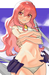 Rule 34 | 1girl, absurdres, black skirt, blue sky, blush, breasts, brooch, clenched teeth, cloud, collared shirt, covering privates, covering breasts, crossed arms, embarrassed, frown, hair between eyes, highres, holding, holding wand, jewelry, long hair, long sleeves, looking at viewer, louise francoise le blanc de la valliere, midriff, miniskirt, navel, panties, pantyshot, pink eyes, pink hair, pleated skirt, shirt, sidelocks, skirt, sky, small breasts, sunlight, teeth, torn clothes, torn shirt, torn skirt, tseng-en, underwear, wand, white panties, white shirt, zero no tsukaima