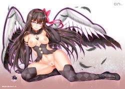 Rule 34 | 10s, 1girl, akemi homura, akuma homura, arm support, bare shoulders, black gloves, black hair, black thighhighs, blush, bow, breasts, dark orb (madoka magica), detached collar, elbow gloves, feathers, female pubic hair, full body, gloves, hair bow, hairband, long hair, looking at viewer, mahou shoujo madoka magica, mahou shoujo madoka magica: hangyaku no monogatari, md5 mismatch, medium breasts, navel, nipples, no bra, no panties, oni-noboru, pink eyes, pubic hair, pussy, red eyes, red hairband, smile, solo, soul gem, spoilers, thighhighs, uncensored, wings