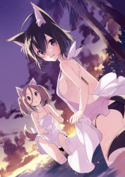 Rule 34 | 2girls, :d, :o, animal ears, ass, backless dress, backless outfit, bare arms, bare shoulders, black panties, blush, breasts, brown hair, cat ears, cat tail, collarbone, dress, dutch angle, evening, frilled dress, frills, green eyes, hair between eyes, looking at viewer, multiple girls, open mouth, original, outdoors, palm tree, panties, parted lips, plant, purple eyes, see-through, sideboob, sleeveless, sleeveless dress, small breasts, smile, splashing, strap gap, sunlight, sunset, tail, tree, twintails, umiko (munemiu), underwear, upskirt, wading, water, water drop, white dress