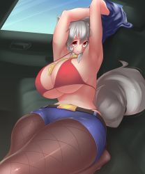 Rule 34 | 1girl, absurdres, animal ears, armpits, arms up, belt, bra, breasts, car, car interior, clenched teeth, highres, huge breasts, inubashiri momiji, large breasts, looking at viewer, lying, motor vehicle, navel, on back, pantyhose, red bra, scared, shorts, solo, tail, teeth, thighs, thong, tochinoko, touhou, underwear, undressing, wolf girl