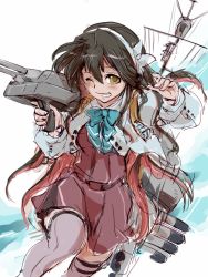 Rule 34 | 1girl, 4suke, ;), black hair, blue bow, blue neckwear, bow, breasts, cropped jacket, fang, fingernails, grey thighhighs, grin, hair between eyes, hairband, holding, index finger raised, jacket, kantai collection, long hair, long sleeves, looking at viewer, machinery, mast, medium breasts, miniskirt, multicolored hair, naganami (kancolle), naganami kai ni (kancolle), one eye closed, open clothes, open jacket, pink hair, purple shirt, purple skirt, shirt, skirt, skirt set, smile, solo, teeth, thighhighs, torpedo, trigger discipline, turret, two-tone hair, very long hair, white bow, white hairband, yellow eyes, zettai ryouiki