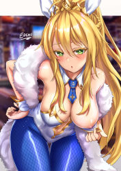 Rule 34 | 1girl, ahoge, animal ears, artoria pendragon (all), artoria pendragon (fate), artoria pendragon (swimsuit ruler) (fate), bare shoulders, blonde hair, blue pantyhose, blush, braid, breasts, clothing cutout, detached collar, edchi, fate/grand order, fate (series), feather boa, fishnet pantyhose, fishnets, french braid, green eyes, hair between eyes, highleg, highleg leotard, highres, large breasts, leaning forward, leotard, long hair, looking at viewer, navel, navel cutout, necktie, nipples, one breast out, open mouth, pantyhose, playboy bunny, ponytail, rabbit ears, sidelocks, solo, thighs, tiara, white leotard, wrist cuffs