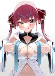 Rule 34 | 1girl, absurdres, aica 61, armpit crease, blue necktie, blush, breasts, cleavage, closed mouth, collared shirt, commentary request, cosplay, detached sleeves, eyelashes, gradient background, grey background, hair ribbon, hands up, heterochromia, highres, hololive, houshou marine, impossible clothes, large breasts, licking lips, looking at viewer, navel, necktie, paizuri invitation, partially unbuttoned, red eyes, red hair, red ribbon, ribbon, shirakami fubuki, shirakami fubuki (1st costume), shirakami fubuki (cosplay), shirt, sidelocks, sleeveless, sleeveless shirt, solo, steaming body, tongue, tongue out, twintails, undone necktie, upper body, virtual youtuber, white background, white shirt, white sleeves, wide sleeves, yellow eyes