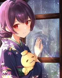 Rule 34 | 1girl, blue kimono, blush, closed mouth, commentary request, doll, floral print, flower, green sash, hair flower, hair ornament, hand on window, highres, holding, holding doll, idolmaster, idolmaster shiny colors, indoors, japanese clothes, kimono, long sleeves, looking at viewer, morino rinze, obi, print kimono, purple hair, rain, red eyes, sash, short hair, sky cappuccino, smile, solo, upper body, window, zipper