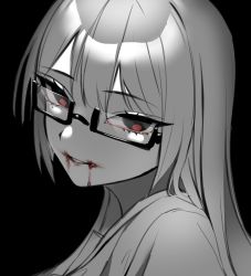 Rule 34 | 1girl, blood, blood from mouth, eyelashes, from side, glasses, head tilt, highres, kakubi neu, long hair, looking at viewer, looking to the side, mole, mole under eye, monochrome, original, parted lips, portrait, semi-rimless eyewear, simple background, sketch, smirk, solo, spot color, straight hair, under-rim eyewear