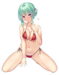 Rule 34 | 1girl, absurdres, bare arms, between legs, bikini, blush, breasts, breasts squeezed together, cleavage, closed mouth, collarbone, colored eyelashes, commentary request, crossed bangs, curvy, eyelashes, front-tie bikini top, front-tie top, full body, fumimaru, green hair, groin, hair between eyes, halterneck, hand between legs, head tilt, highres, kneeling, large breasts, looking at viewer, midriff, navel, o-ring, o-ring bikini, one side up, purple eyes, red bikini, seductive smile, short hair, shy, side-tie bikini bottom, sidelocks, simple background, smile, solo, spread legs, stomach, straight-on, swimsuit, takadate orie, tenshi souzou re-boot!, thighs, upturned eyes, white background