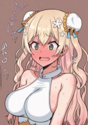 Rule 34 | 1girl, @ @, alternate costume, bad id, bad twitter id, blonde hair, blush, breasts, cleavage, collarbone, commentary request, fang, highres, hololive, large breasts, long hair, mame rakko, momosuzu nene, momosuzu nene (old design), open mouth, simple background, sleeveless, solo, sweat, tears, virtual youtuber