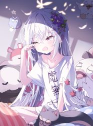 Rule 34 | 1girl, azusa (blue archive), blouse, blue archive, breasts, commentary request, flower, hair between eyes, hair flower, hair ornament, highres, latin commentary, long hair, low wings, mixed-language commentary, open mouth, shirt, silver hair, small breasts, torini ku, white shirt, white wings, wings