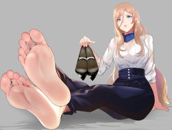 Rule 34 | 1girl, barefoot, blonde hair, blouse, blue eyes, commission, feet, foot focus, greek toe, hair between eyes, high-waist pants, highres, hizagawa rau, kantai collection, long hair, mature female, mole, mole under eye, pants, pixiv commission, richelieu (kancolle), shirt, shoes, unworn shoes, simple background, soles, solo, toes, white shirt