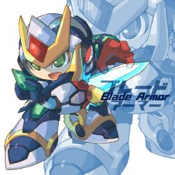Rule 34 | 1boy, android, arm cannon, commentary, english commentary, english text, green eyes, helmet, highres, iikoao, male focus, mega man (series), mega man x6, mega man x (series), mixed-language commentary, solo, sword, weapon, x (mega man)