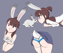 Rule 34 | 1girl, absurdres, all fours, animal ears, ass, breasts, brown hair, rabbit, rabbit ears, rabbit tail, cleavage, grey background, highres, kagari atsuko, little witch academia, medium breasts, nude, panties, pudgeruffian, red eyes, short hair, short ponytail, solo, tail, tail wagging, underwear