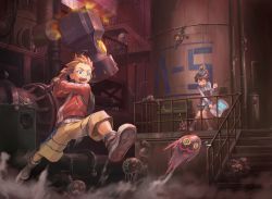 Rule 34 | 1boy, 1girl, angry, backpack, bad id, bad pixiv id, bag, bike shorts, blue eyes, boots, chasing, dust, hammer, hitting, iceojin, knees together feet apart, monster, original, industrial pipe, railing, running, rust, scared, shorts, stairs