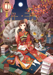 Rule 34 | 1girl, animal, bad id, bad pixiv id, bell, book, brown eyes, brown hair, cat, cup, curtains, floral print, fringe trim, full moon, hair ornament, japanese clothes, jingle bell, kimono, lantern, looking at viewer, mole, mole under eye, moon, nekozuki yuki, on shoulder, open book, original, oversized animal, reading, rug, saucer, sayagata, short hair, smile, solo, teacup, whiskers, yellow eyes