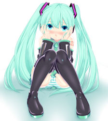 Rule 34 | 1girl, absurdres, aqua eyes, blush, boots, calcio, detached sleeves, green hair, hands on own face, hatsune miku, highres, long hair, necktie, panties, pantyshot, sitting, skirt, solo, striped clothes, striped panties, thigh boots, thighhighs, twintails, underwear, upskirt, very long hair, vocaloid