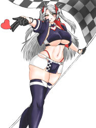Rule 34 | 1girl, absurdres, akdd4223, antenna hair, azur lane, belt, blush, breasts, checkered flag, clothing cutout, cropped shirt, cross, earpiece, flag, gloves, grey hair, half gloves, heart, highres, holding, holding flag, iron cross, large breasts, looking at viewer, miniskirt, mole, mole on breast, multicolored hair, navel, official alternate costume, panties, panty straps, prinz eugen (azur lane), prinz eugen (final lap) (azur lane), race queen, red panties, simple background, skirt, streaked hair, thick thighs, thighhighs, thighs, underboob, underboob cutout, underwear, white background, white belt, yellow eyes