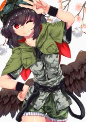 Rule 34 | 1girl, absurdres, alternate costume, bad id, bad pixiv id, black hair, black wings, black wristband, camouflage, camouflage headwear, camouflage shirt, camouflage shorts, flower, frilled shorts, frills, goggles, highres, looking at viewer, pom pom (clothes), red eyes, shameimaru aya, shameimaru aya (flower viewing), shirokaba114, shirt, short hair, shorts, simple background, solo, touhou, touhou cannonball, v, wings