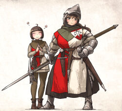Rule 34 | 2girls, armor, belt, boots, brown hair, chainmail, full body, gambeson, gauntlets, gloves, greaves, helmet, highres, holding, holding weapon, ironlily, long hair, lucerne hammer, medieval, multiple girls, original, polearm, polehammer, scabbard, sheath, standing, sword, weapon