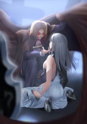 Rule 34 | 00s, 1boy, 1girl, bad id, bad pixiv id, blonde hair, blood, bloody tears, boots, breasts, cape, formal, hair down, hand on another&#039;s chin, long hair, melty blood, purple eyes, red eyes, riesbyfe stridberg, short hair, sideboob, silver hair, sitting, small breasts, suit, torn clothes, tsukihime, tsukikanade, wallachia, wariza, weapon
