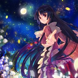 Rule 34 | 1girl, black hair, branch, breasts, flower, full moon, highres, houraisan kaguya, jeweled branch of hourai, lily of the valley, long hair, long sleeves, looking at viewer, looking back, moon, night, outstretched arm, outstretched hand, reaching, reaching towards viewer, red eyes, sash, shirt, skirt, sky, smile, solo, star (sky), starry sky, touhou, tsubasa19900920, very long hair, wide sleeves
