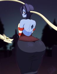 Rule 34 | 1girl, ass, blue skin, blush, colored skin, dragon, fibilis, highres, huge ass, looking at viewer, looking back, skullgirls, solo, squigly (skullgirls), zombie