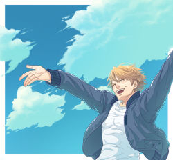 Rule 34 | 10s, 1boy, blonde hair, blue jacket, bomber jacket, cloud, day, closed eyes, jacket, keith goodman, male focus, outstretched arms, paruaru, short hair, sky, solo, tiger &amp; bunny