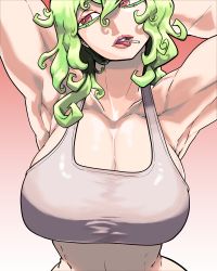Rule 34 | 1girl, absurdres, arm behind head, armpits, arms up, bad id, bad pixiv id, ballpoint pen (medium), bra, breasts, candy, cleavage, collarbone, colored eyelashes, commentary request, eyelashes, food, green hair, grey bra, hair between eyes, half-closed eyes, head tilt, highres, hip focus, huge breasts, kazami yuuka, lips, lollipop, looking to the side, medium hair, mouth hold, muscular, muscular female, open mouth, red eyes, ringed eyes, skinnytorch, solo, sports bra, stomach, tongue, tongue out, touhou, traditional media, underwear, upper body