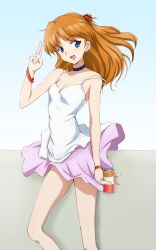 Rule 34 | 1girl, bare arms, bare shoulders, blue eyes, bracelet, can, choker, collarbone, drink can, gradient background, hair ornament, highres, jewelry, kinfuji, light brown hair, long hair, long legs, neon genesis evangelion, off shoulder, open mouth, rebuild of evangelion, shirt, skirt, sleeveless, sleeveless shirt, smile, soda can, solo, souryuu asuka langley, strap slip, wind, wind lift