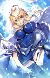 Rule 34 | 1girl, ahoge, artoria pendragon (all), artoria pendragon (fate), artoria pendragon (lancer) (fate), bad id, bad pixiv id, blonde hair, braid, breasts, cape, cleavage, covered navel, fate/grand order, fate (series), gauntlets, green eyes, large breasts, long hair, looking at viewer, pantsu (lootttyyyy), saber (fate), smile, solo, thighhighs