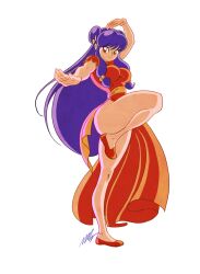 1girl bare_legs bow breasts double_bun dress hair_bow hair_bun long_hair orange_dress orange_footwear purple_hair ranma_1/2 red_eyes seeso2d shampoo_(ranma_1/2) side_slit signature simple_background smile standing standing_on_one_leg thick_thighs thighs white_background yellow_bow