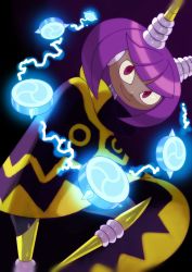 Rule 34 | 1girl, android, antennae, bob cut, cape, closed mouth, dark skin, dark-skinned female, dynatron (mighty no. 9), electricity, female focus, floating, floating object, headphones, magatama, dynatron (mighty no. 9), mighty no. 9, no humans, purple hair, red eyes, robot, short hair, smile, solo, takenokonoko