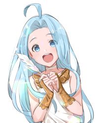 Rule 34 | 1girl, :d, ahoge, blue eyes, blue hair, blush, choker, commentary, eyes visible through hair, feathers, granblue fantasy, gyoju (only arme nim), highres, leaning to the side, long hair, lyria (granblue fantasy), open mouth, own hands together, sketch, smile, solo, upper body, white background