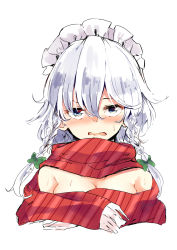 Rule 34 | 1girl, bare shoulders, blue eyes, blush, bow, braid, breasts, cleavage, commentary request, deetamu, green bow, hair between eyes, hair bow, highres, izayoi sakuya, looking at viewer, maid headdress, medium breasts, naked scarf, nose blush, open mouth, red scarf, scarf, short hair, silver hair, simple background, solo, sweat, touhou, twin braids, upper body, white background