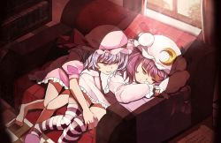 Rule 34 | 2girls, anime coloring, bare legs, barefoot, blue hair, book, bookshelf, capelet, closed eyes, couch, couple, crescent, curtains, dress, fang, female focus, hair ribbon, haruhina purple, hat, hat ribbon, long hair, long sleeves, multiple girls, panties, pantyshot, patchouli knowledge, pink dress, pink panties, puffy sleeves, purple hair, red upholstery, remilia scarlet, ribbon, scroll, short hair, short sleeves, sitting, sleeping, slippers, smile, striped clothes, striped legwear, striped thighhighs, sunlight, thighhighs, touhou, underwear, window, yuri