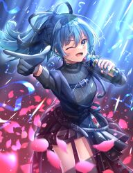 Rule 34 | 1girl, ;d, belt, black belt, black gloves, black nails, black skirt, blue eyes, blue hair, blush, chest belt, confetti, cowboy, cowboy western, fingernails, gloves, hair between eyes, hair ribbon, highres, holding, holding microphone, hololive, hoshimachi suisei, hoshimachi suisei (shout in crisis), light rays, long hair, long sleeves, looking at viewer, microphone, multiple belts, official alternate costume, official alternate hairstyle, one eye closed, open mouth, outstretched arm, overskirt, petals, pointing, ponytail, ribbon, single glove, skirt, smile, solo, standing, star (symbol), star in eye, suzugame lost, symbol in eye, turtleneck, virtual youtuber, western