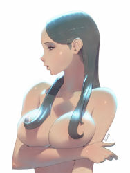 Rule 34 | 1girl, 2015, alien1452, black eyes, black hair, breast hold, breasts, dated, hair censor, hair over breasts, highres, large breasts, long hair, looking to the side, nude, original, parted lips, solo, upper body, white background