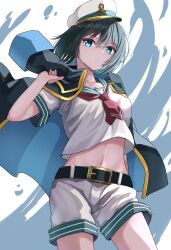 Rule 34 | 1girl, absurdres, anchor hat ornament, aura, belt, black belt, black coat, black hair, breasts, closed mouth, coat, coat on shoulders, commentary request, contrapposto, cowboy shot, erisauria, green eyes, green sailor collar, hat, hat ornament, highres, long sleeves, looking at viewer, midriff, murasa minamitsu, navel, necktie, red necktie, sailor, sailor collar, sailor hat, sailor shirt, shirt, short hair, short sleeves, shorts, small breasts, solo, stomach, touhou, white hat, white shirt, white shorts